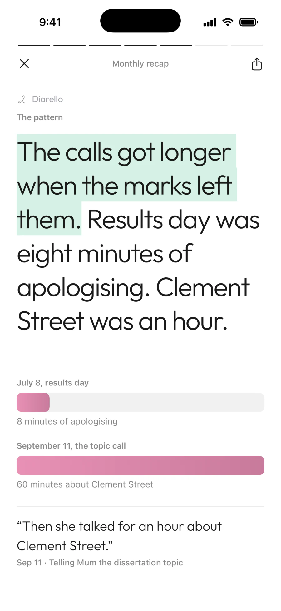 Diarello monthly recap, The pattern: “The calls got longer when the marks left them”, with results day at 8 minutes of apologising against 60 minutes about Clement Street on the topic call